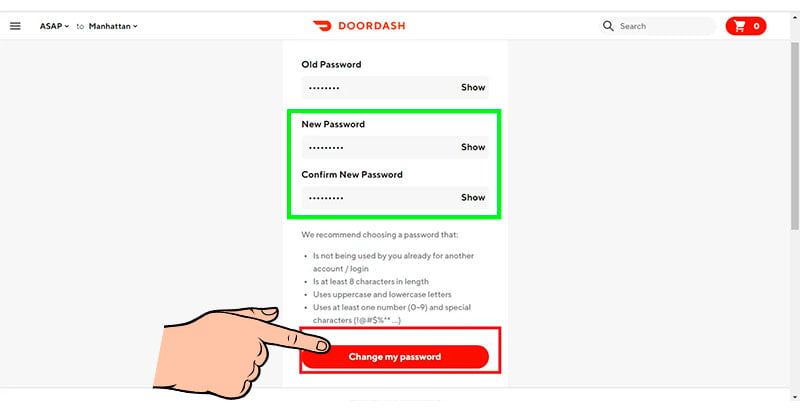 doordash cambiar contraseña PASO 5